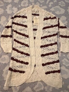 Pink Rose Cream Open-Knit Cardigan with Burgundy Stripes